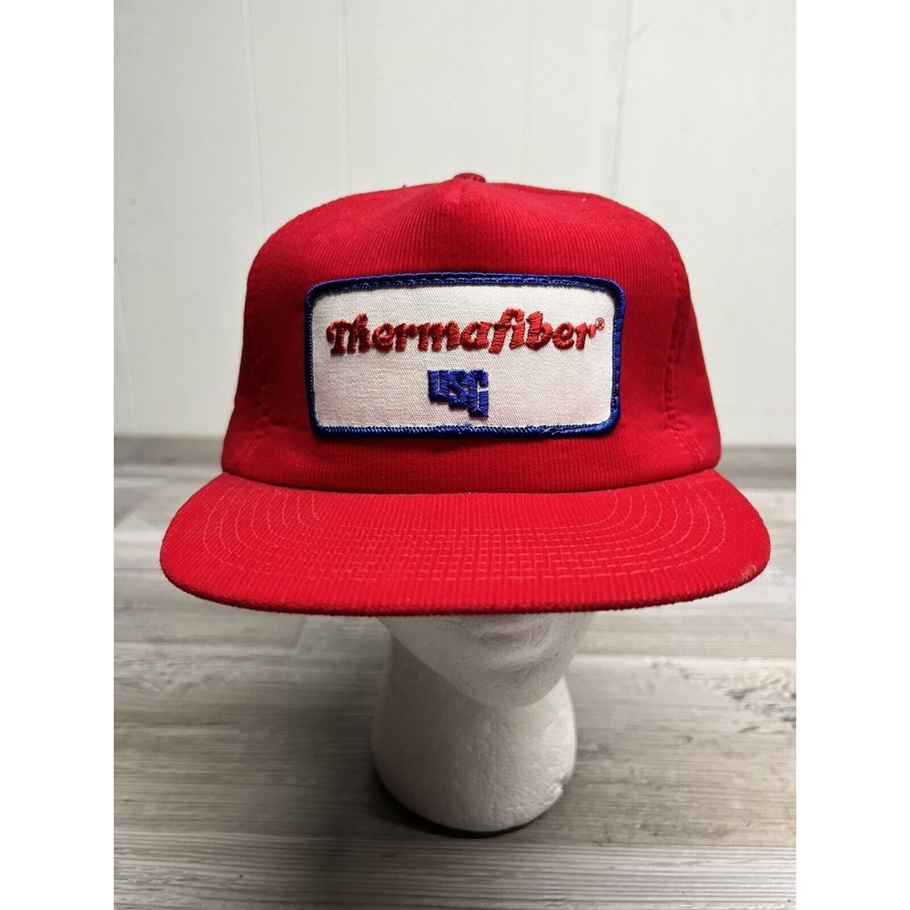 VINTAGE Thermafiber Mens Snapback Hat Red White Meshback Trucker Baseball Cap